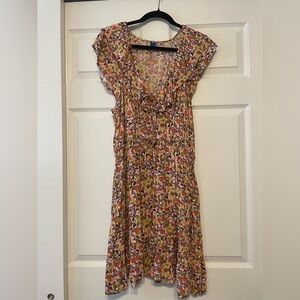 Old Navy Floral Tie-Front Midi Dress in Multi (orange, yellow, green)
